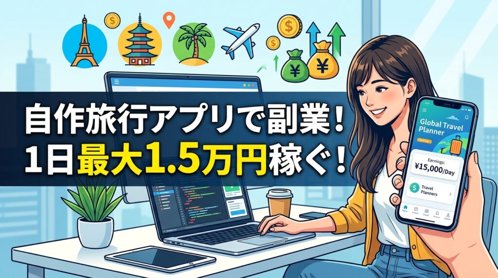 自作旅行アプリ副業で稼ぐ女性のイラスト