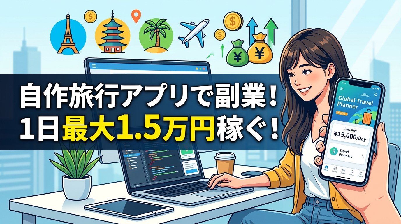 自作旅行アプリ副業で稼ぐ女性のイラスト