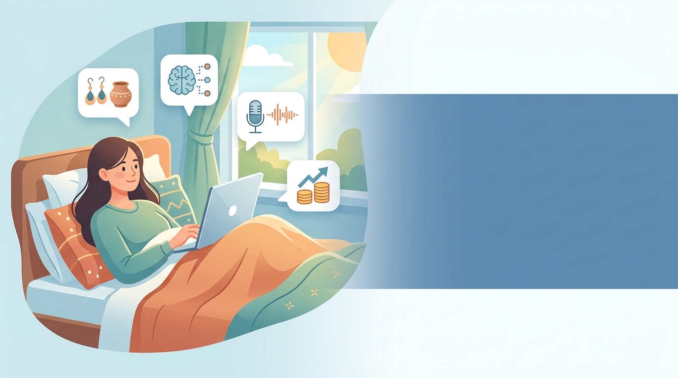 ベッドでパソコン作業をする女性のイラスト