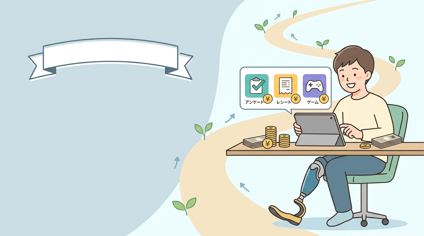 タブレットでポイ活をする義足の男性