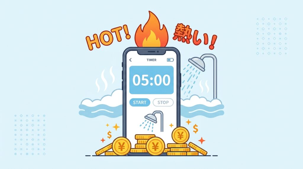 シャワー時短で光熱費を節約するイラスト