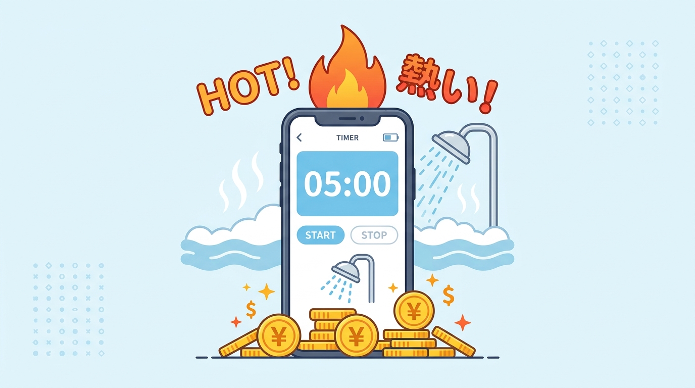 シャワー時短で光熱費を節約するイラスト