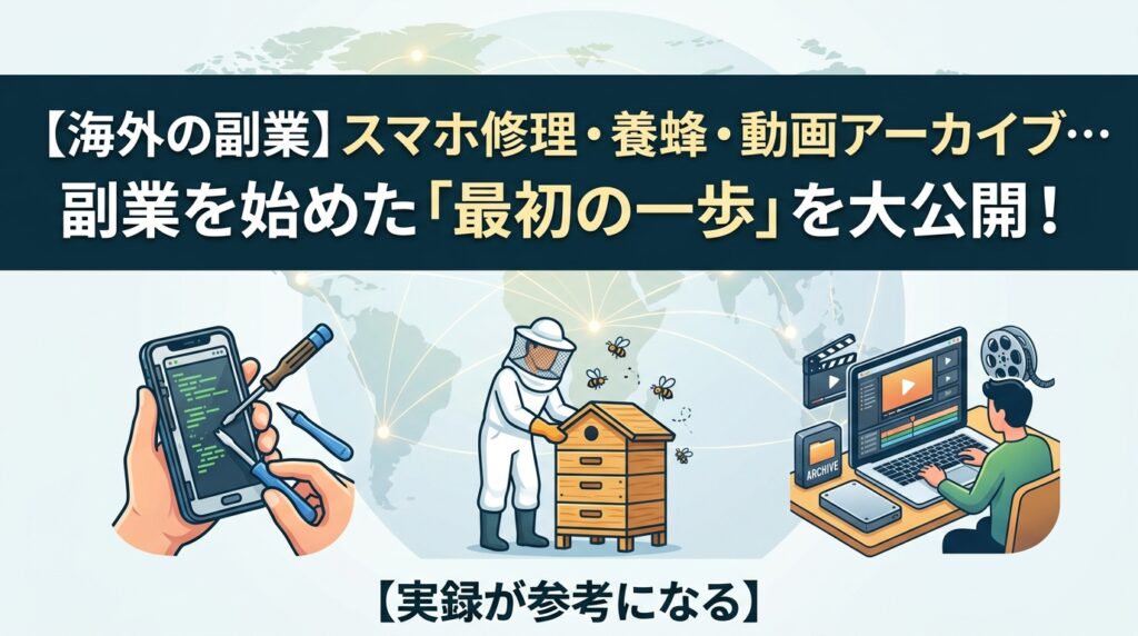 海外副業の事例と始め方を紹介するイラスト