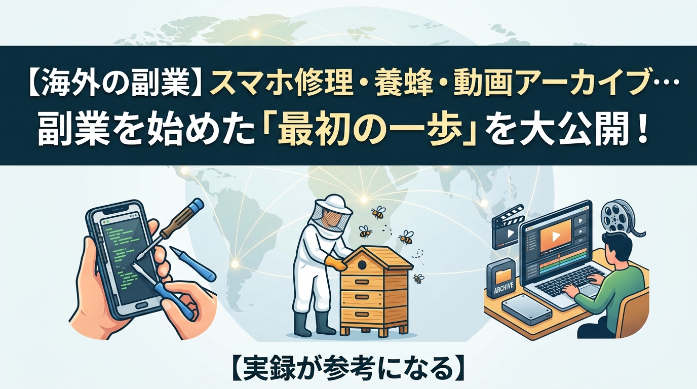 海外副業の事例と始め方を紹介するイラスト
