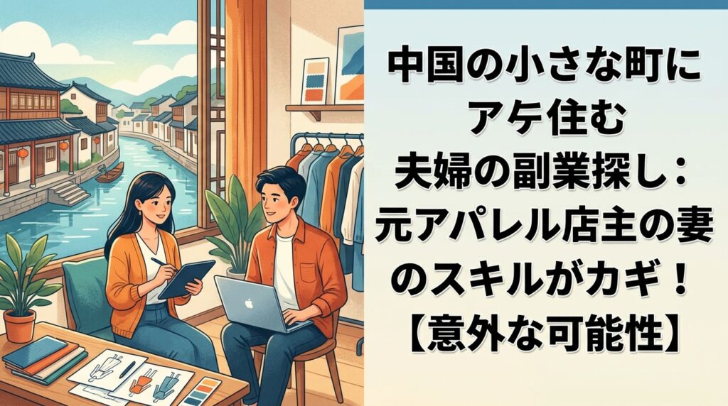 中国の小さな町で副業を探す夫婦のイラスト